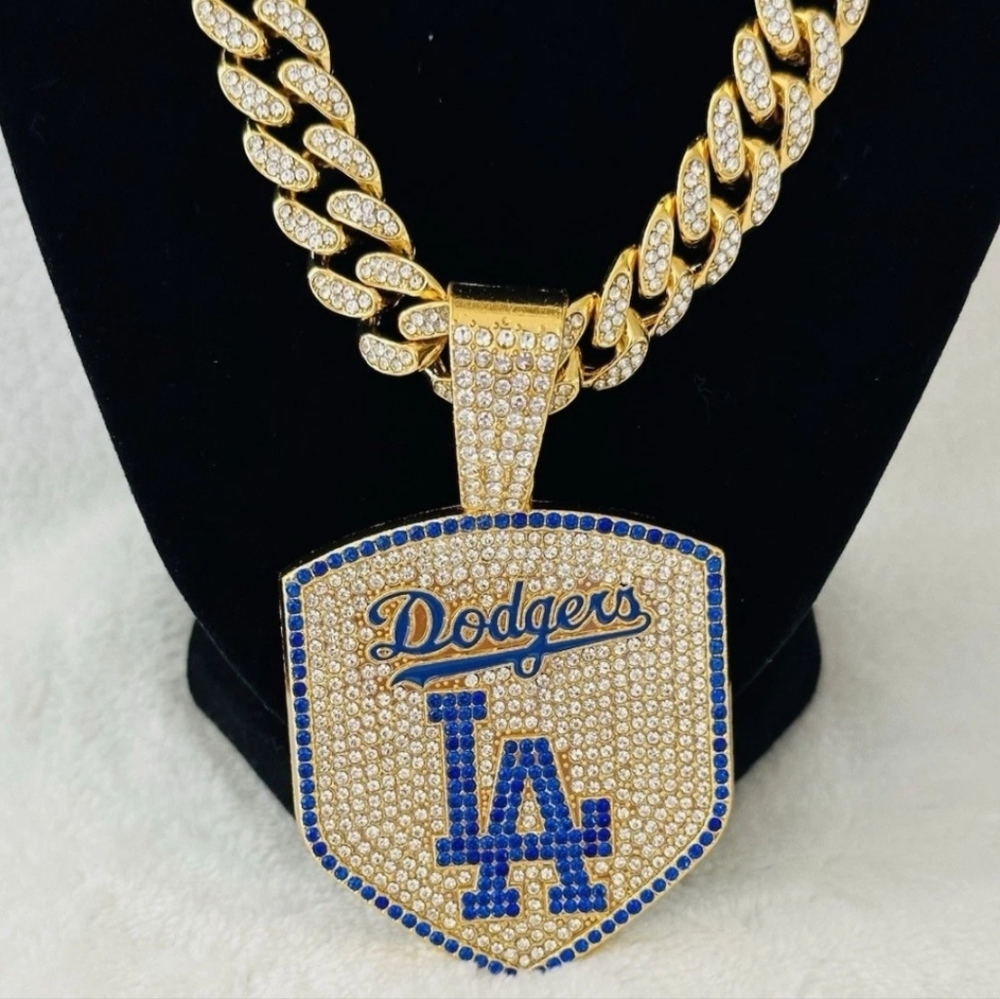 LA Dodgers Baseball Team iced Out cuban chain necklace 20" Or 24" Gold Or Silver